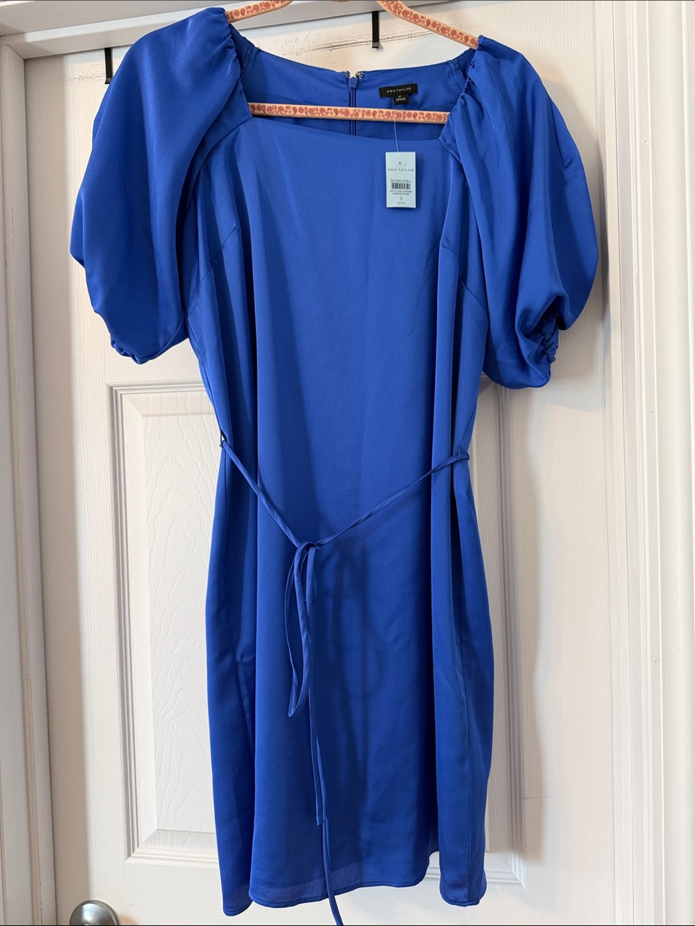 Ann Taylor Royal Blue Puff-Sleeve Tie-Waist Mini Dress